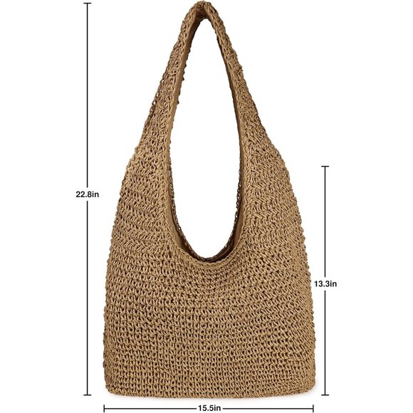 Women's Khaki Large Straw Beach Bag Handmade Woven Shoulder Hobo Tote Handbag - Picture 5 of 6